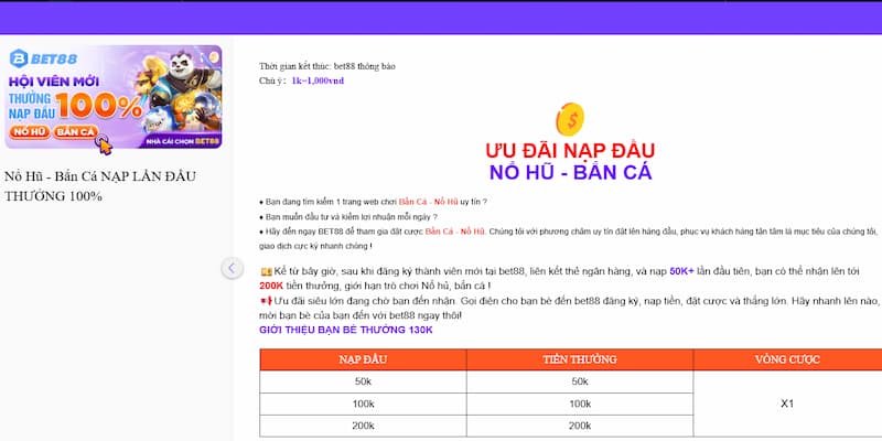 Khuyến mãi 100% cho lần nạp đầu